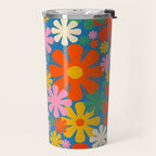Colorful Flowers Retro 60s Aesthetic Floral Pattern on Blue Travel Mug Gallery Image 2