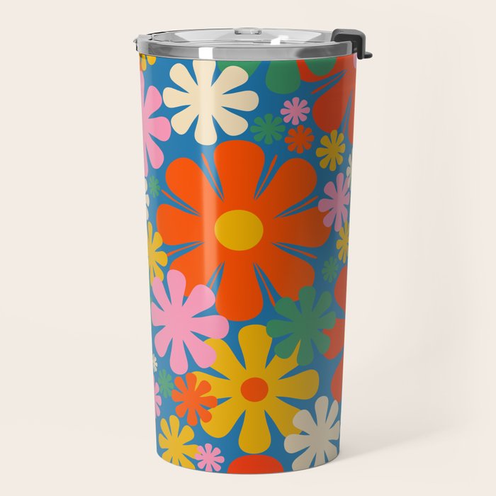 Colorful Flowers Retro 60s Aesthetic Floral Pattern on Blue Travel Mug Gallery Image 2