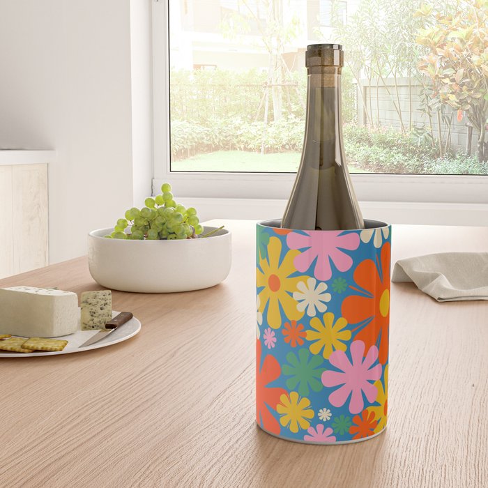 Colorful Flowers Retro 60s Aesthetic Floral Pattern on Blue Wine Chiller Gallery Image 4