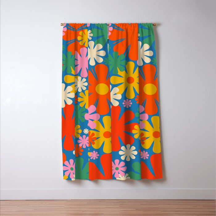 Colorful Flowers Retro 60s Aesthetic Floral Pattern on Blue Window Curtain Gallery Image 3