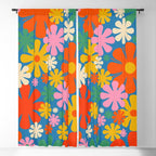 Colorful Flowers Retro 60s Aesthetic Floral Pattern on Blue Window Curtain Gallery Image 5