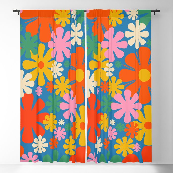 Colorful Flowers Retro 60s Aesthetic Floral Pattern on Blue Window Curtain Gallery Image 5