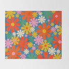 Colorful Flowers Retro 60s Aesthetic Floral Pattern on Blue Throw Blanket Gallery Image 2
