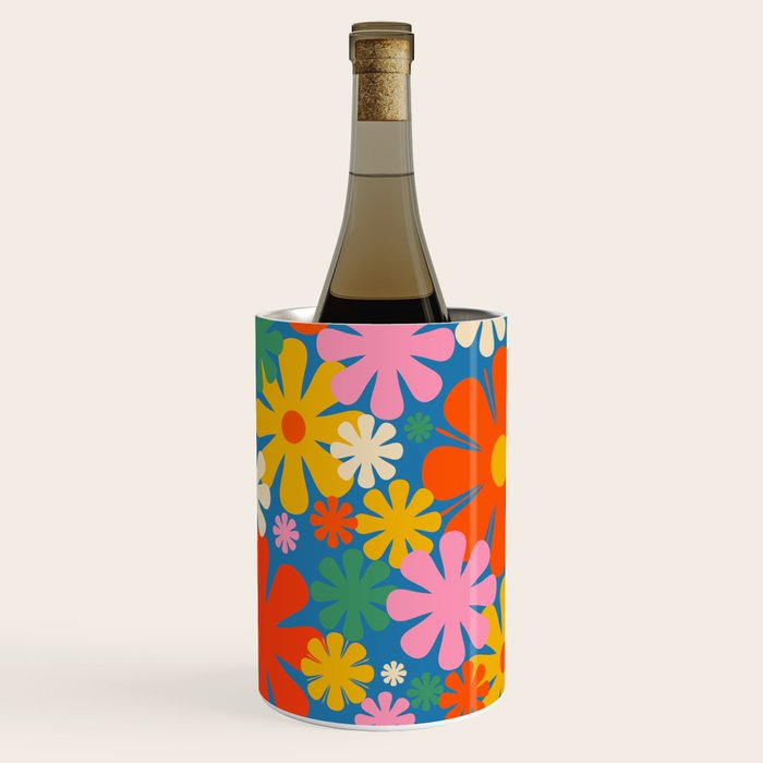 Colorful Flowers Retro 60s Aesthetic Floral Pattern on Blue Wine Chiller Gallery Image 1