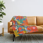 Colorful Flowers Retro 60s Aesthetic Floral Pattern on Blue Throw Blanket Gallery Image 1