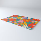 Colorful Flowers Retro 60s Aesthetic Floral Pattern on Blue Rug Gallery Image 3