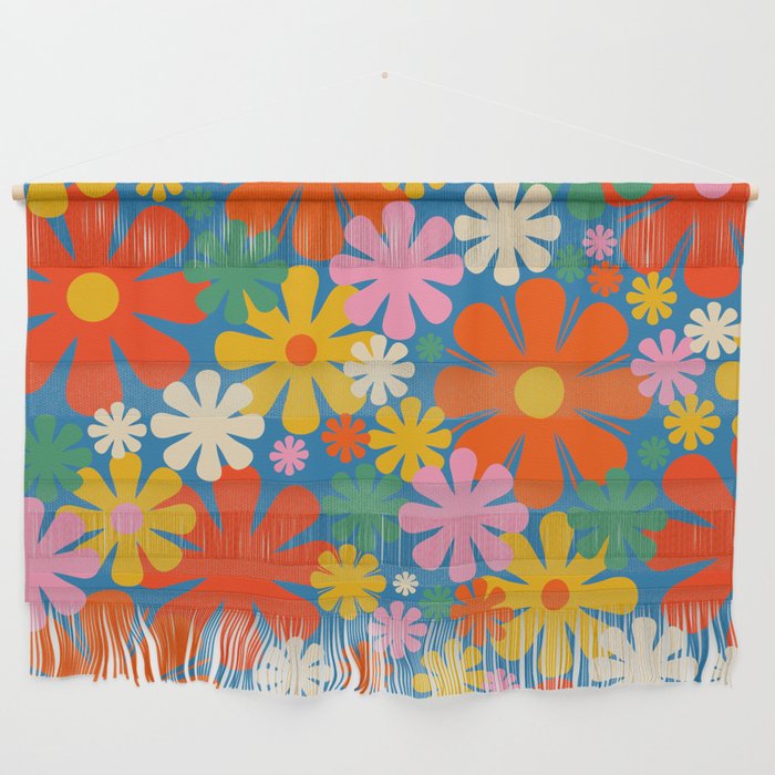 Colorful Flowers Retro 60s Aesthetic Floral Pattern on Blue Wall Hanging Gallery Image 1