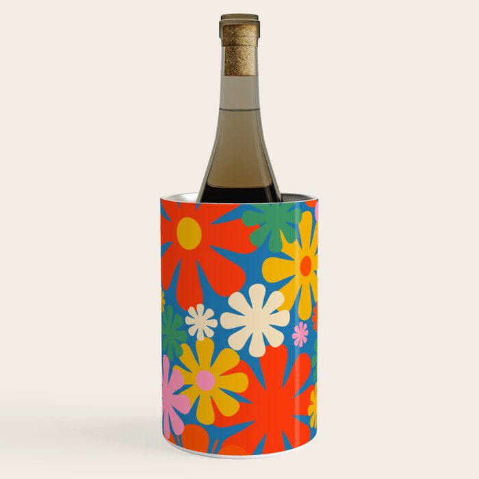 Colorful Flowers Retro 60s Aesthetic Floral Pattern on Blue Wine Chiller Gallery Image 2