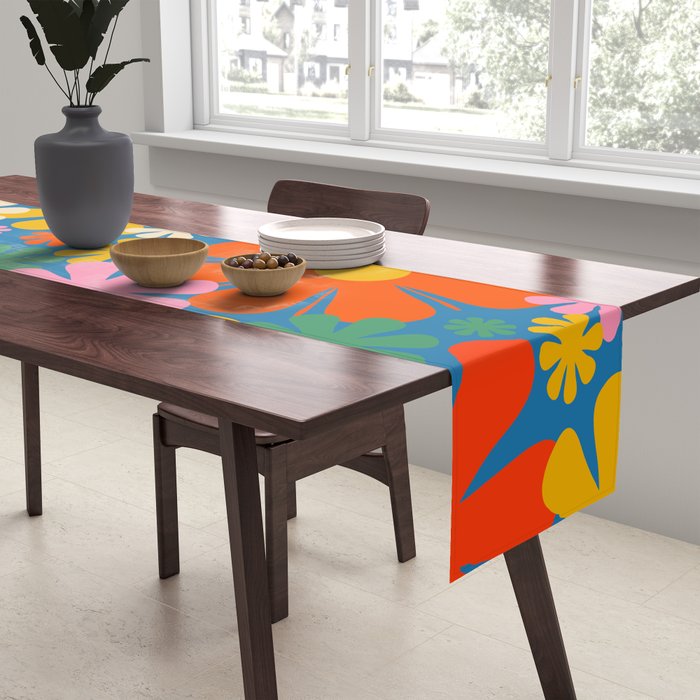 Colorful Flowers Retro 60s Aesthetic Floral Pattern on Blue Table Runner Gallery Image 2