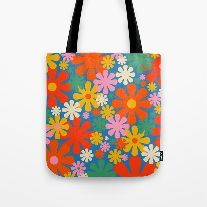 Colorful Flowers Retro 60s Aesthetic Floral Pattern on Blue Tote Bag Gallery Image 1