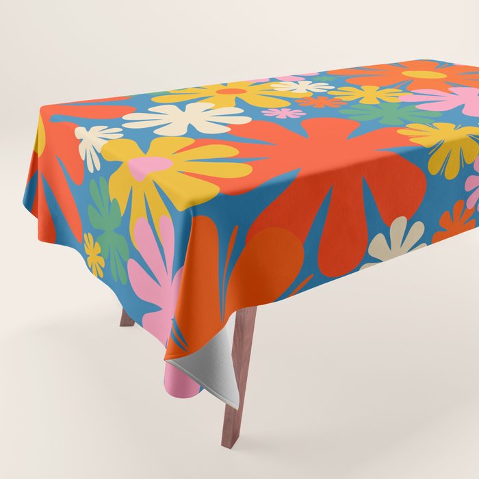 Colorful Flowers Retro 60s Aesthetic Floral Pattern on Blue Tablecloth Gallery Image 1