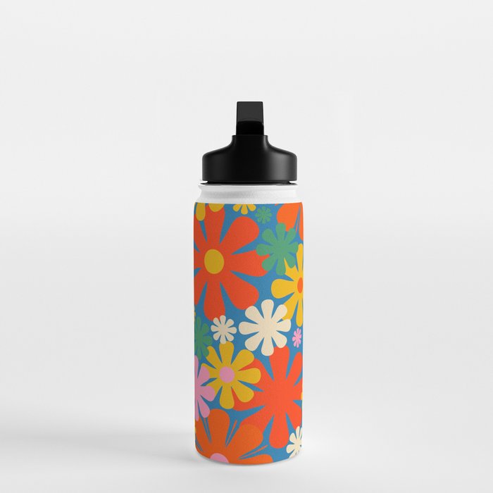 Colorful Flowers Retro 60s Aesthetic Floral Pattern on Blue Water Bottle Gallery Image 3