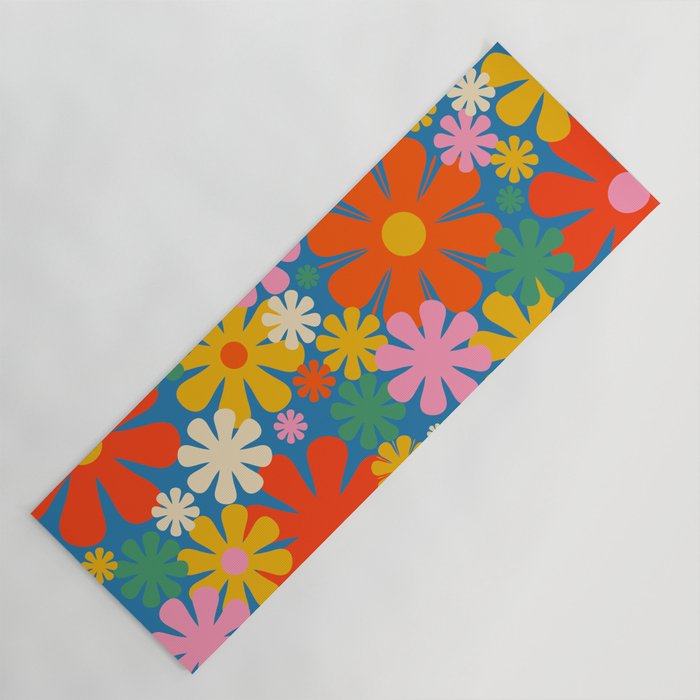 Colorful Flowers Retro 60s Aesthetic Floral Pattern on Blue Yoga Mat Gallery Image 1