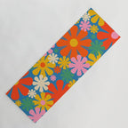 Colorful Flowers Retro 60s Aesthetic Floral Pattern on Blue Yoga Mat Gallery Image 1