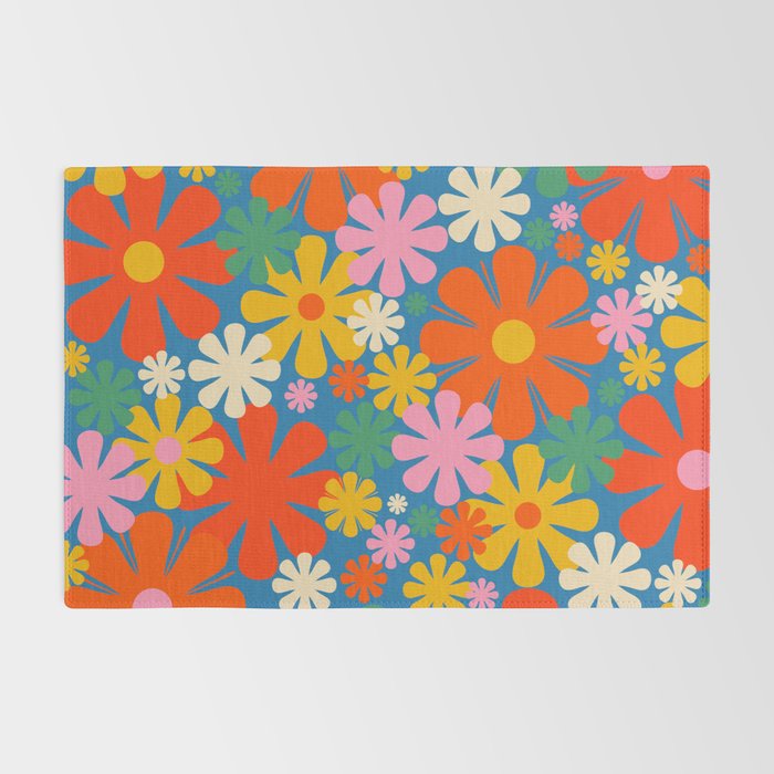Colorful Flowers Retro 60s Aesthetic Floral Pattern on Blue Rug Gallery Image 2