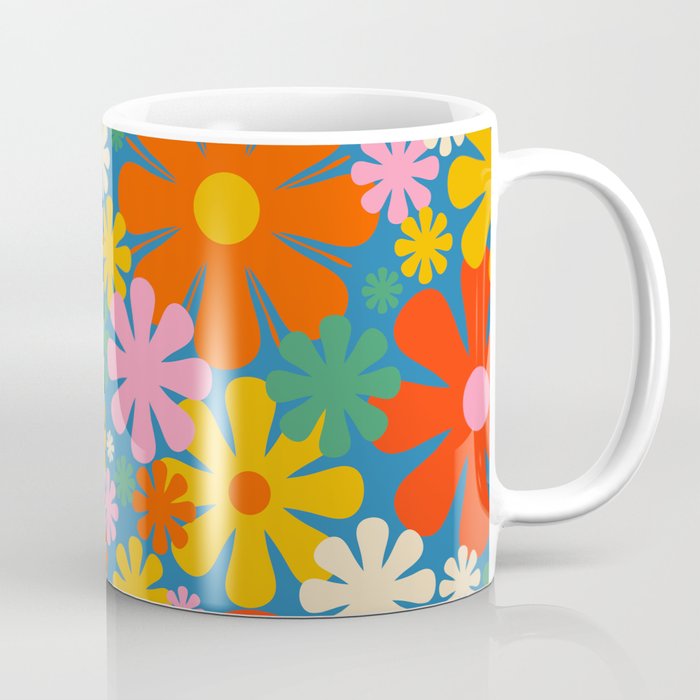 Colorful Flowers Retro 60s Aesthetic Floral Pattern on Blue Coffee Mug Gallery Image 1