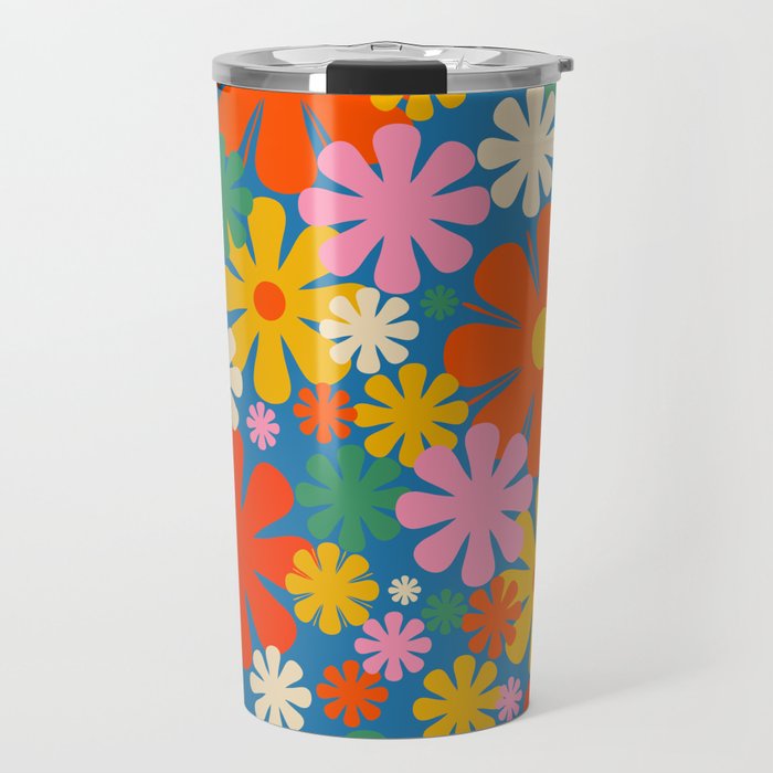 Colorful Flowers Retro 60s Aesthetic Floral Pattern on Blue Travel Mug Gallery Image 1