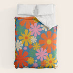 Colorful Flowers Retro 60s Aesthetic Floral Pattern on Blue Comforter Gallery Image 6