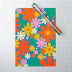 Colorful Flowers Retro 60s Aesthetic Floral Pattern on Blue Wrapping Paper Gallery Image 1