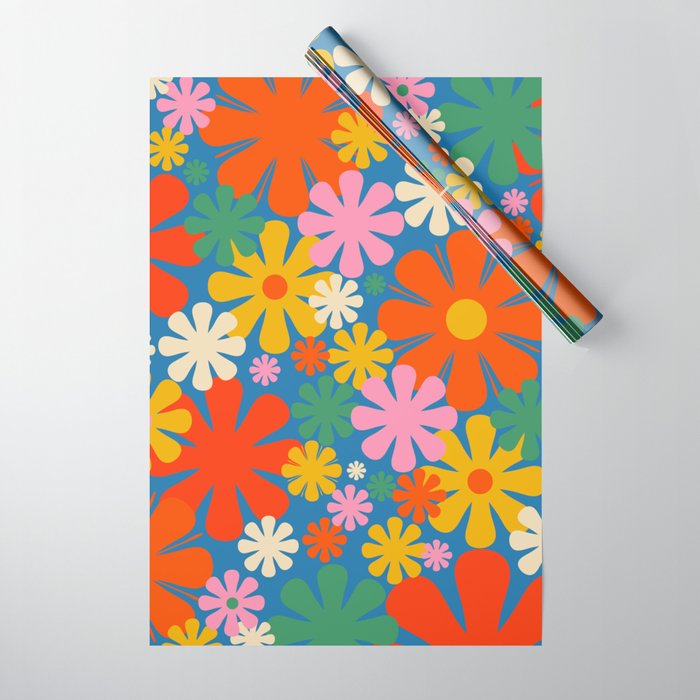 Colorful Flowers Retro 60s Aesthetic Floral Pattern on Blue Wrapping Paper Gallery Image 1