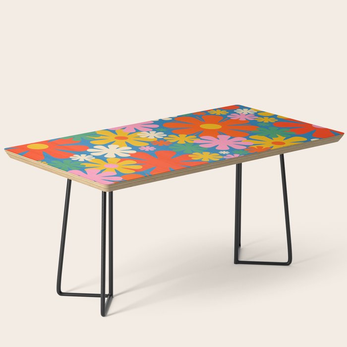 Colorful Flowers Retro 60s Aesthetic Floral Pattern on Blue Coffee Table Gallery Image 1