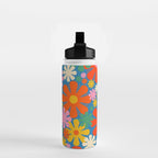Colorful Flowers Retro 60s Aesthetic Floral Pattern on Blue Water Bottle Gallery Image 2