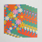 Colorful Flowers Retro 60s Aesthetic Floral Pattern on Blue Wrapping Paper Gallery Image 3