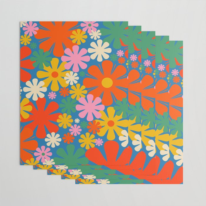 Colorful Flowers Retro 60s Aesthetic Floral Pattern on Blue Wrapping Paper Gallery Image 3