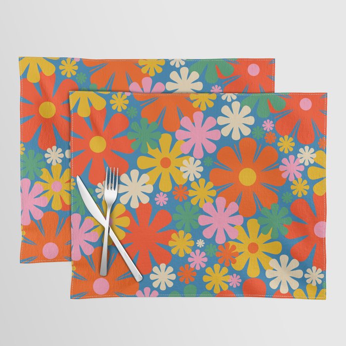 Colorful Flowers Retro 60s Aesthetic Floral Pattern on Blue Placemat Gallery Image 1
