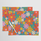 Colorful Flowers Retro 60s Aesthetic Floral Pattern on Blue Placemat Gallery Image 1