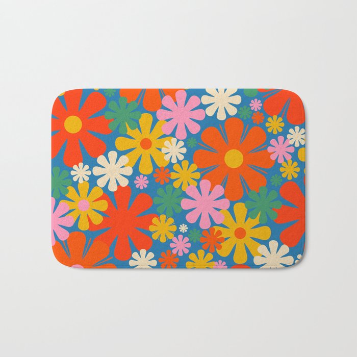 Colorful Flowers Retro 60s Aesthetic Floral Pattern on Blue Bath Mat Gallery Image 1