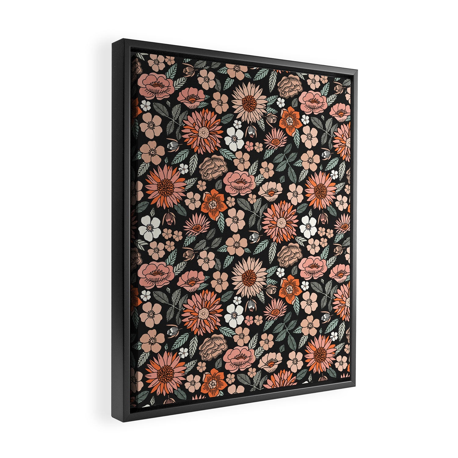 70s flowers - 70s, retro, spring, floral, florals, floral pattern, retro flowers, boho, hippie, earthy, muted Framed Canvas Print Gallery Image 2