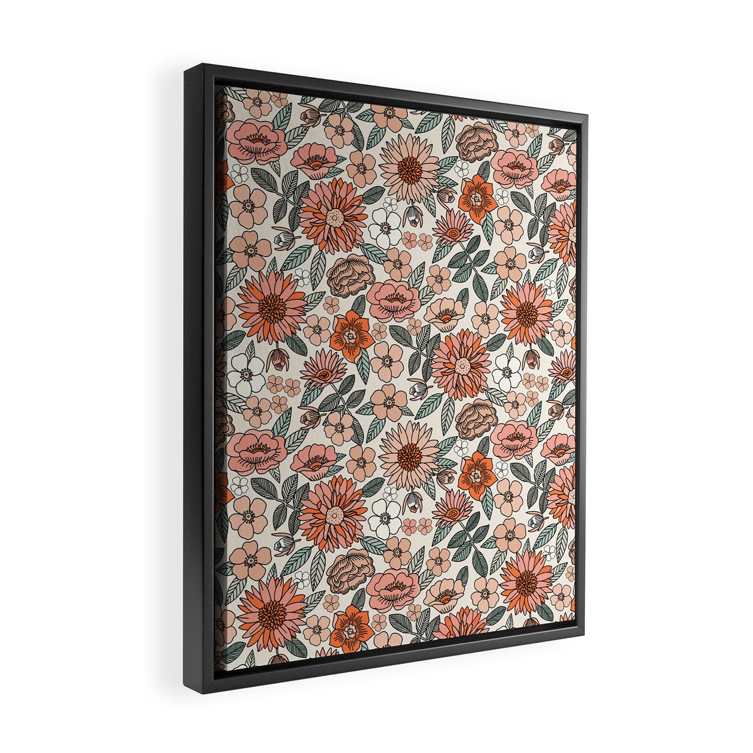 70s flowers - 70s, retro, spring, floral, florals, floral pattern, retro flowers, boho, hippie, earthy, muted Framed Canvas Print Gallery Image 2