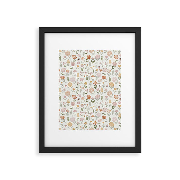 Botanical Woodcut - floral daisies, ditsy woodcut, boho, fall, autumn, flowers Framed Art Print Gallery Image 1