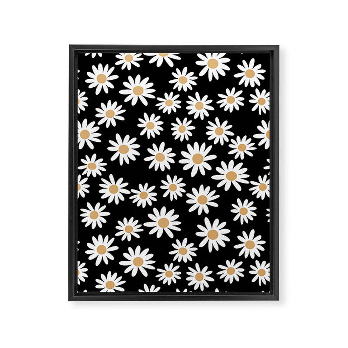 Daisies - daisy floral repeat, daisy flowers, 70s, retro, black, daisy floral Framed Canvas Print Gallery Image 1