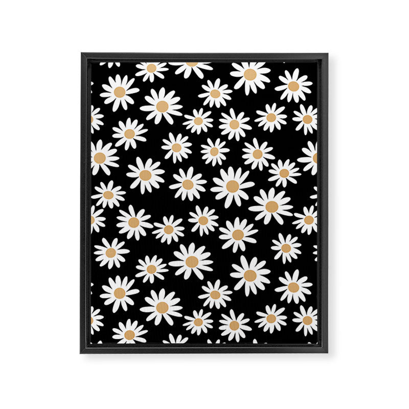 Daisies - daisy floral repeat, daisy flowers, 70s, retro, black, daisy floral Framed Canvas Print Gallery Image 8