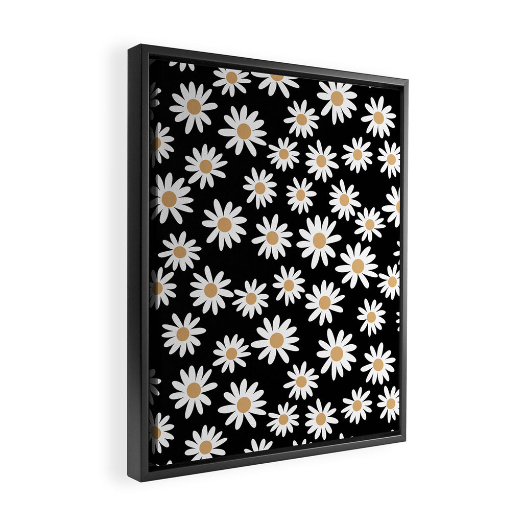 Daisies - daisy floral repeat, daisy flowers, 70s, retro, black, daisy floral Framed Canvas Print Gallery Image 2