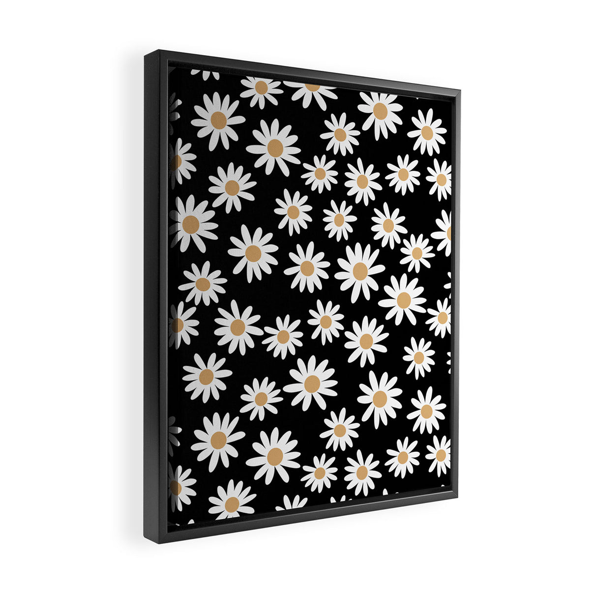 Daisies - daisy floral repeat, daisy flowers, 70s, retro, black, daisy floral Framed Canvas Print Gallery Image 2