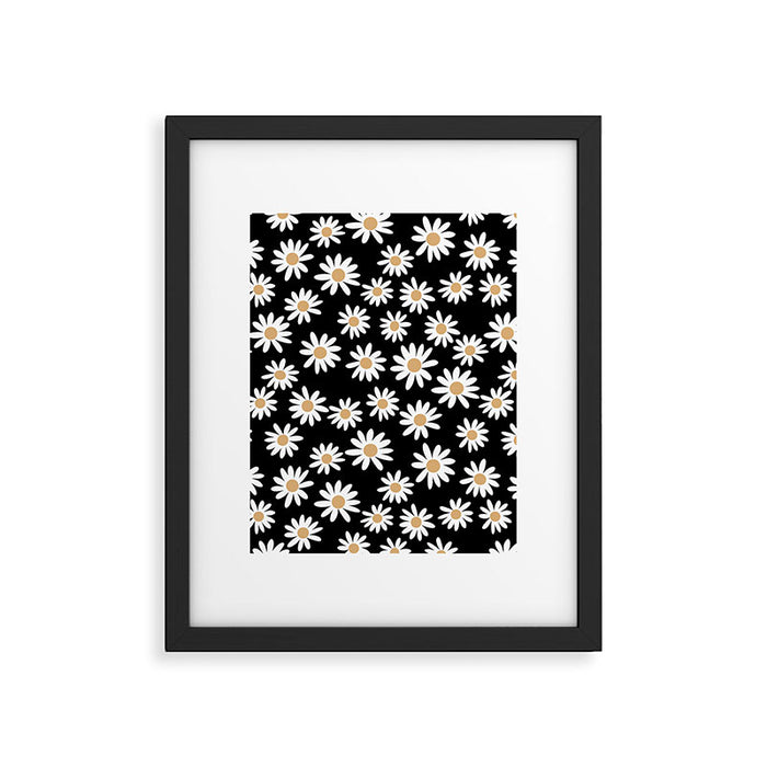 Daisies - daisy floral repeat, daisy flowers, 70s, retro, black, daisy floral Framed Art Print Gallery Image 1