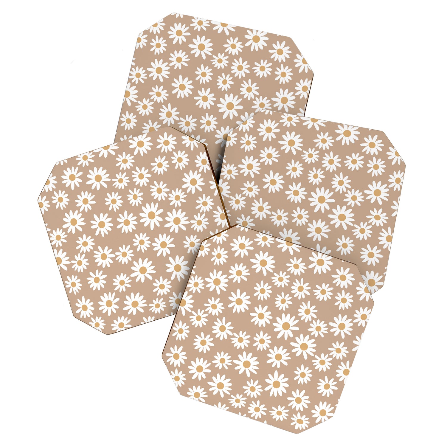 Daisies - daisy floral repeat, daisy flowers, 70s, retro, black, daisy florals camel brown Coaster Gallery Image 1
