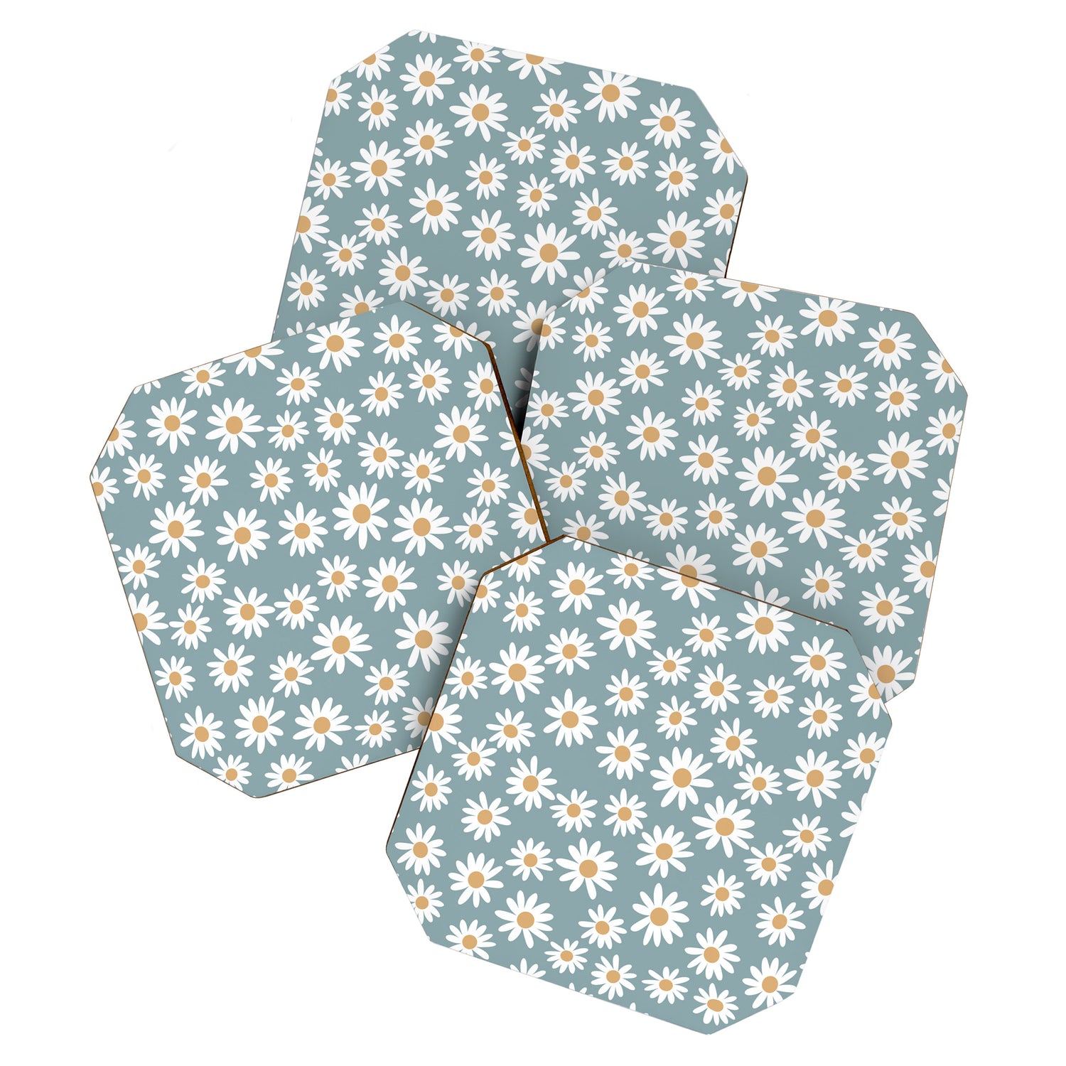 Daisies - daisy floral repeat, daisy flowers, 70s, retro, black, daisy florals dusty blue Coaster Gallery Image 1