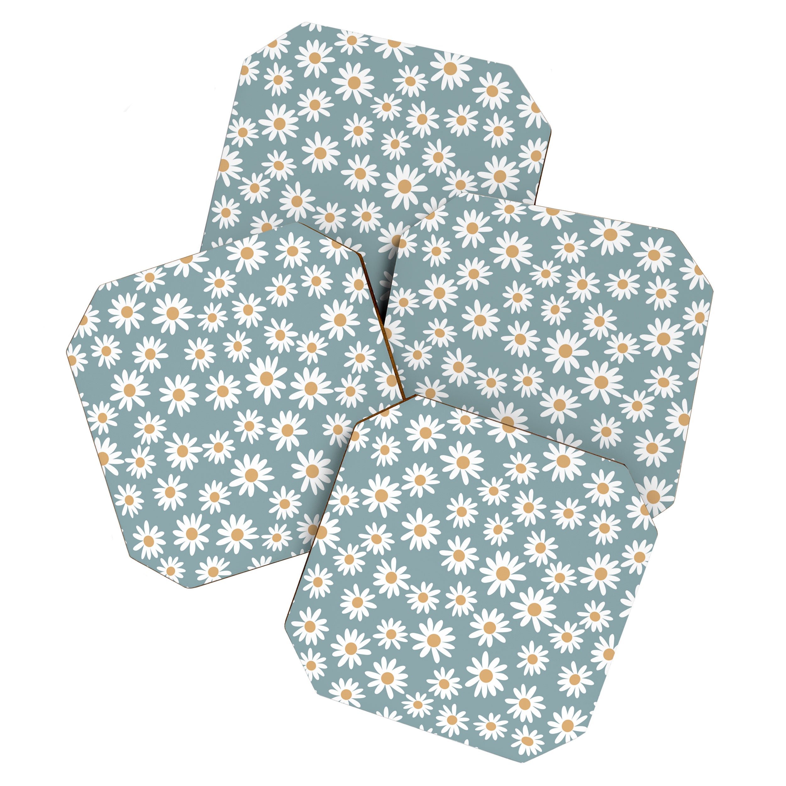 Daisies - daisy floral repeat, daisy flowers, 70s, retro, black, daisy florals dusty blue Coaster Gallery Image 1