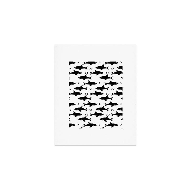 Sharks - shark week trendy black and white minimal kids pattern print Art Print Gallery Image 1