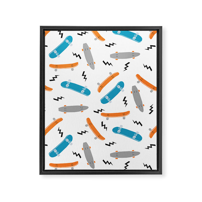 Skateboards orange and blue pattern great decor for nursery kids rooms boys and girls Framed Canvas Print Gallery Image 1