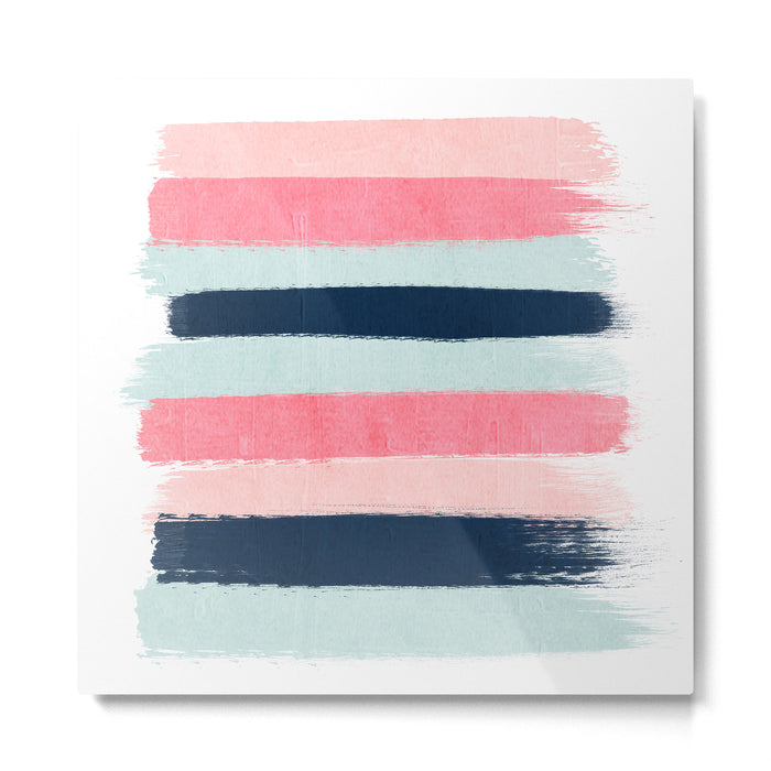Striped painted coral mint navy pink pattern stripes minimalist Metal Print Gallery Image 1