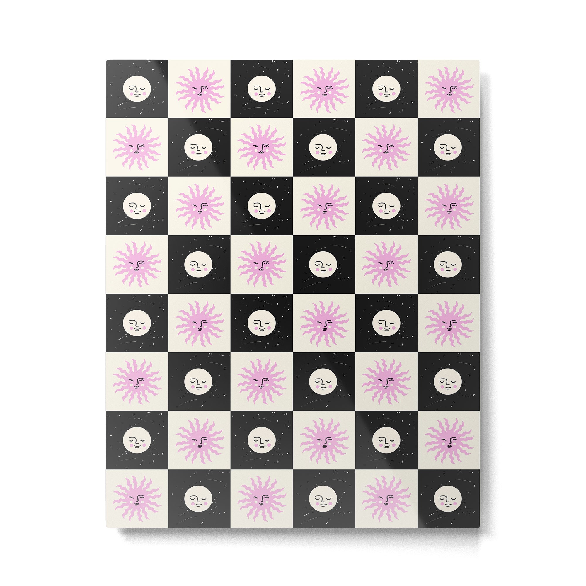 Sun & Moon Checkered Pattern Black & Cream Metal Print Gallery Image 6