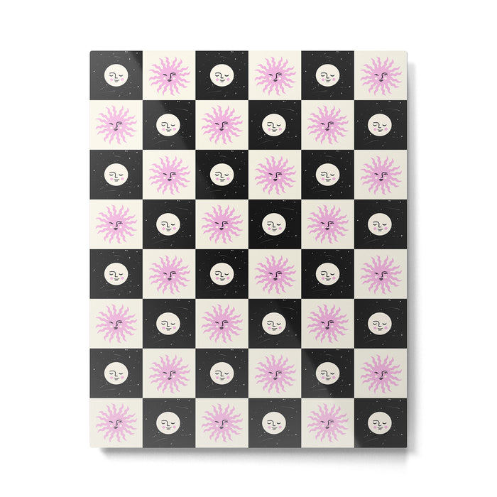 Sun & Moon Checkered Pattern Black & Cream Metal Print Gallery Image 1