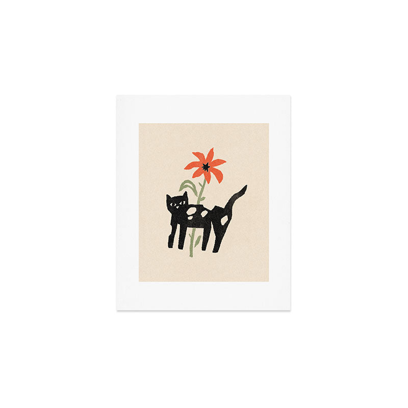 Black Cat and Flower Art Print Gallery Image 1