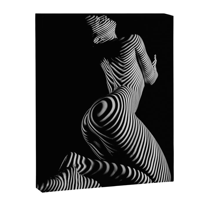 0721s-MM BW Fine Art Nude Tiger Striped Woman on Her Knees Canvas Print Gallery Image 1