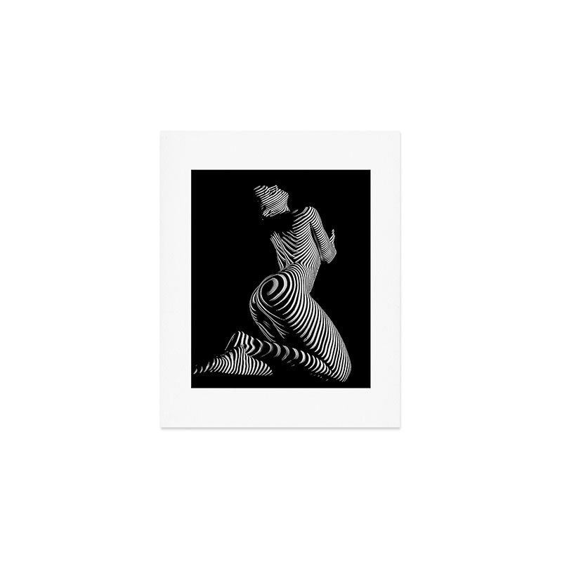 0721s-MM BW Fine Art Nude Tiger Striped Woman on Her Knees Art Print Gallery Image 1